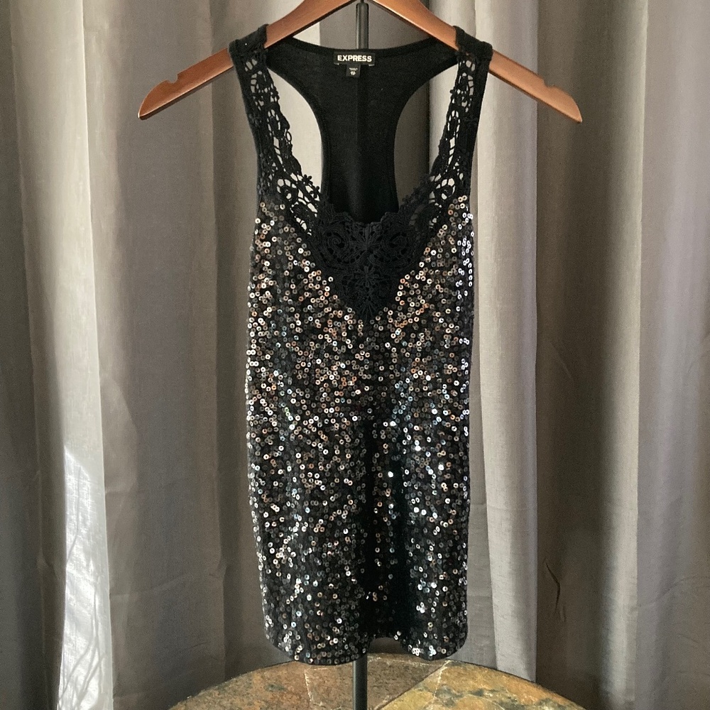 SALE! Express Black Sequined Top Sexy Cami Sophisticated Modern Layer Chic Sz XS